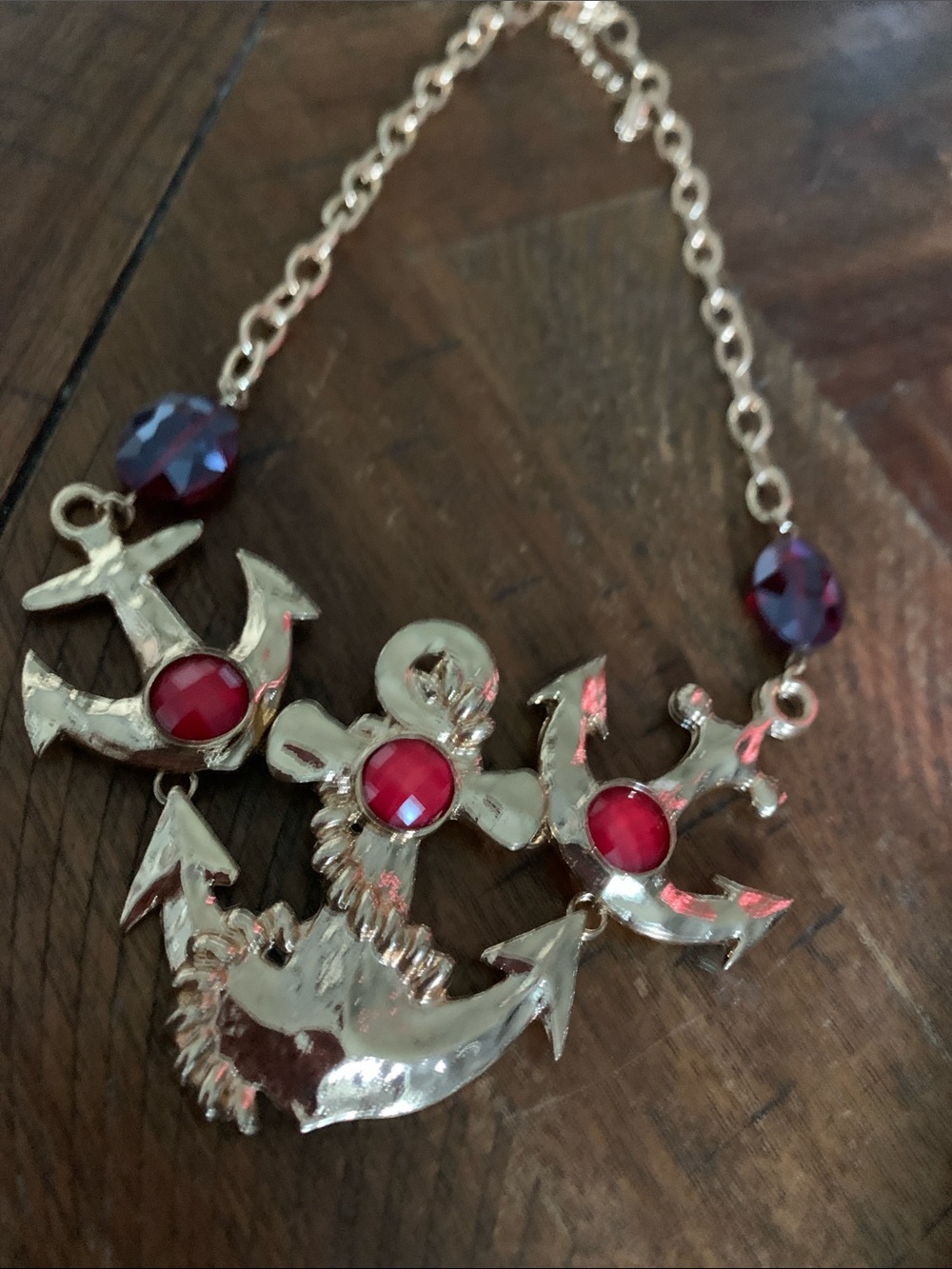 NWOT Gold Tone Anchor Pendant Necklace with Red  Burgundy Crystal Accents